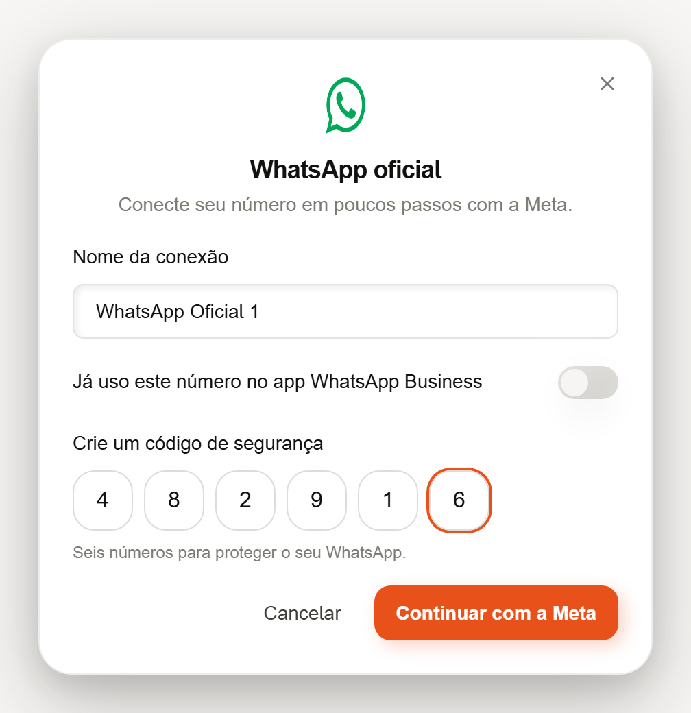 Janela WhatsApp oficial com nome da conexão e código de segurança de seis dígitos