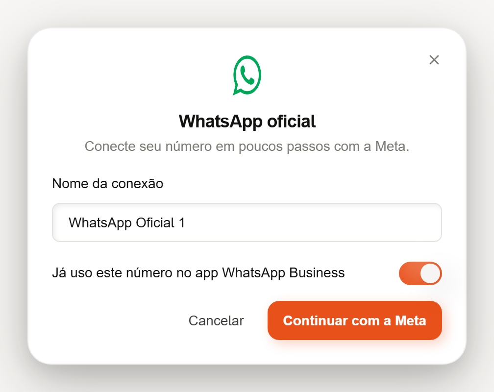 Opção Já uso este número no app WhatsApp Business ligada