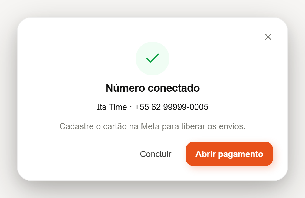 Confirmação Número conectado com o botão Abrir pagamento